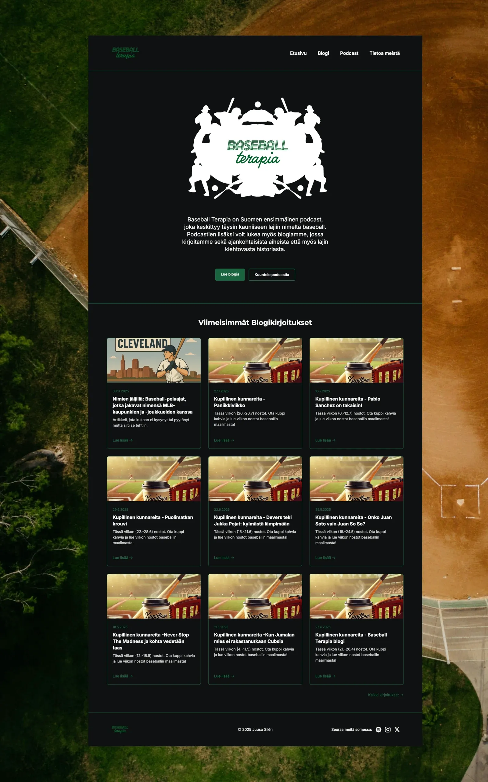 Baseball Terapia verkkosivut pitkänä kuvana